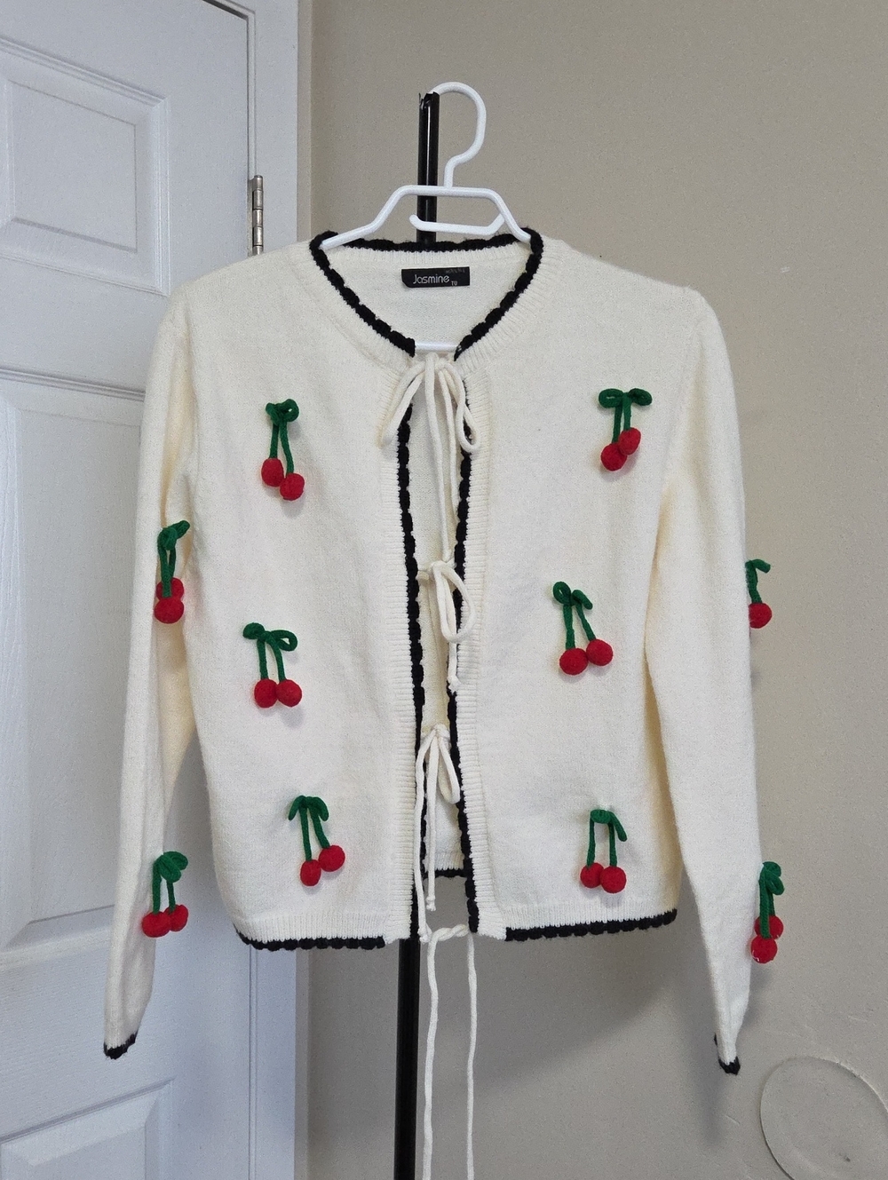 Jasmine Cream Tie-Front Sweater Cardigan with Red Cherry Appliqués